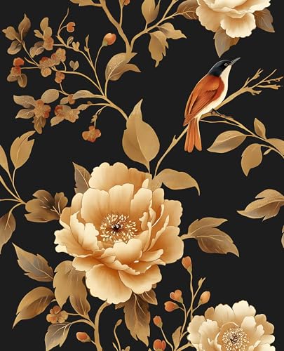 Laatse Dark Floral Bird Wallpaper Peel and Stick 17.5"x 118",Black/Golden - color: Black and Gold Bird, size: 17.5" x 118"