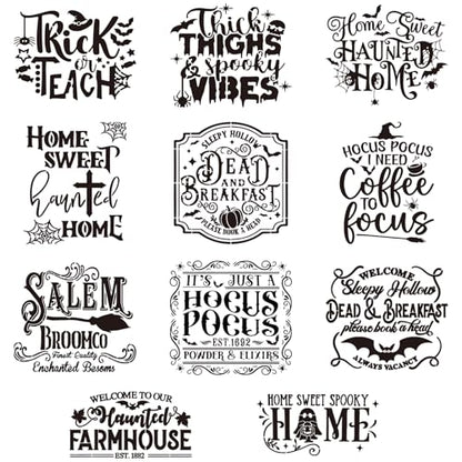 Whaline 11 Sheets Halloween Word Rub on Transfer for Crafts Black Warm Letter Rub on Transfer Stickers Farmhouse Furniture Decals for Home Party DIY Crafts, 5.5 x 5.5 Inch