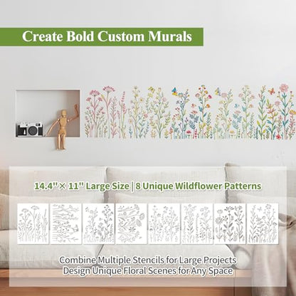 Gute 8Pcs Large Flower Stencils for Painting,Wildflower Floral Templates