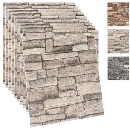 Yutianli 20PSC 3D Wall Panels Peel and Stick Faux Brick Wall Panels Self-Adhesive 3D Brick Wallpaper Foam Stone Wall Panel - color: rock, size: 20PCS