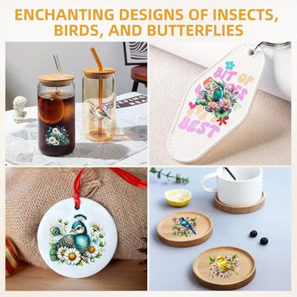 48 Sheets Rub on Transfers for Crafts and Furniture Rub on Transfer Stickers Decals for Wood,2.5 * 2.5inch (Insects Birds) - style: Insects Birds