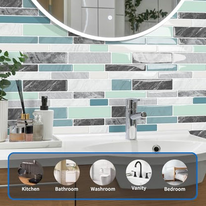 10-Sheet Peel and Stick Kitchen Backsplash Tiles - color: Blue Green