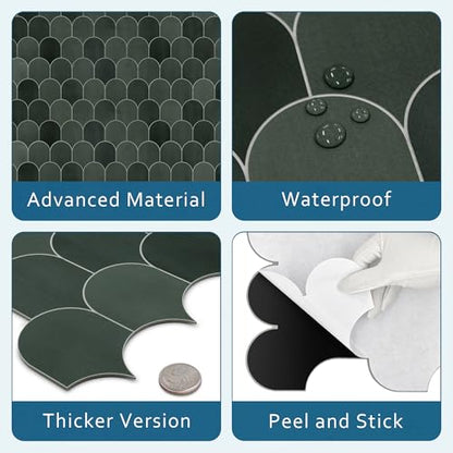 10-Sheet Fish Scale Peel and Stick Backsplash Tile, 11.4" x 10.9" Stone Composite Scallop Handmade Looks Self-Adhesive Wall Tiles for Kitchen Bathroom, Green Mixed - color: Green Mixed, size: Fish Scale