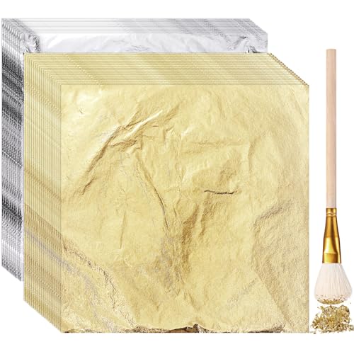 Cunhill 150pcs Silver Leaf Sheets with Gilding Brush,Silver Gold - color: Silver Gold