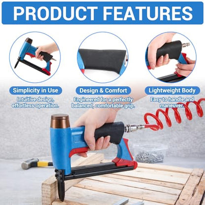Pneumatic Upholstery Stapler, 21 Gauge Compatible with 80 Series Air Staple Gun (1/2" Crown), 1/4"-5/8" Length, 190-staple Magazine, 60-100 Psi, 1/4" Npt - style: Long Nose,21 Gauge