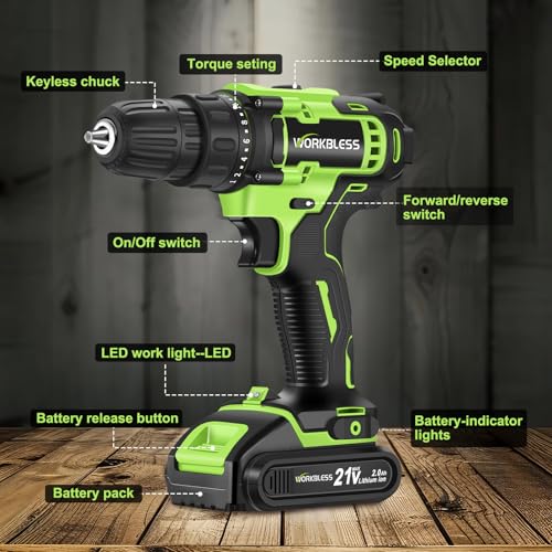 21V Cordless Drill Set with Battery Charger(Green & 1 Battery) - color: Green -1 Battery