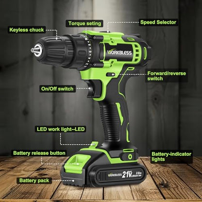 21V Cordless Drill Set with Battery Charger(Green & 1 Battery) - color: Green -1 Battery