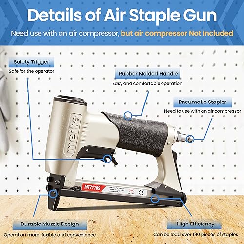 meite MT7116S Pneumatic Upholstery Stapler 22 Gauge 71 Series 3/8" Crown Industrial Fine Wire Stapler with Safety