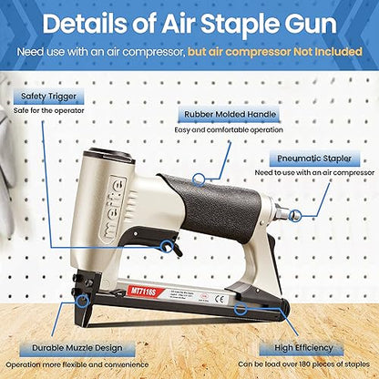 meite MT7116S Pneumatic Upholstery Stapler 22 Gauge 71 Series 3/8" Crown Industrial Fine Wire Stapler with Safety