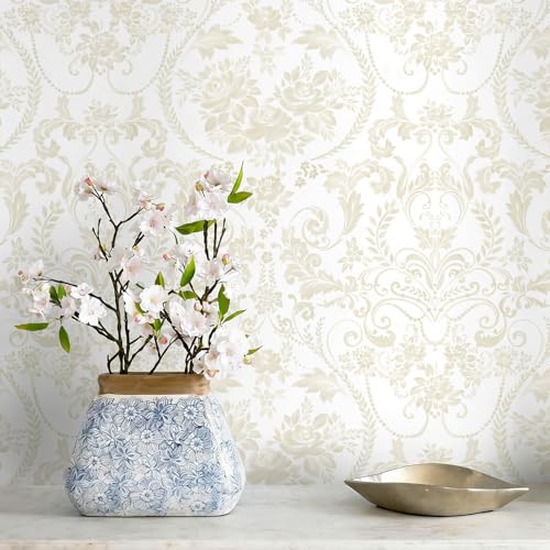 Peel and Stick Wallpaper for Bedroom Beige and White Damask Waterproof - color: Beige and White, size: 17.3" x 78.7"