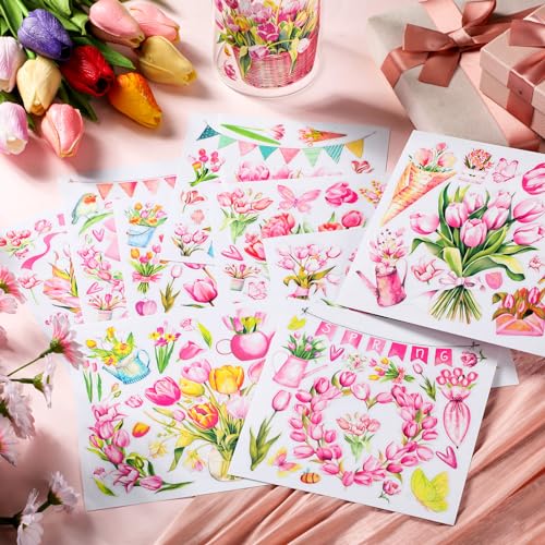 Dispowreath 16 Sheets Pink Tulip Spring Rub on Transfers for Crafts 6x6 Inch Flower Rub on Transfers Stickers Spring Stickers Decals for Home Paper Wood DIY Furniture - style: Tulip