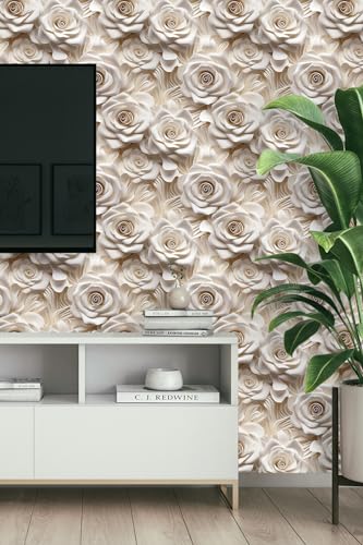 Peel and Stick Wallpaper Beige Rose Floral Feature - color: Cream&Light Brown, size: 17.7" x 393.7"