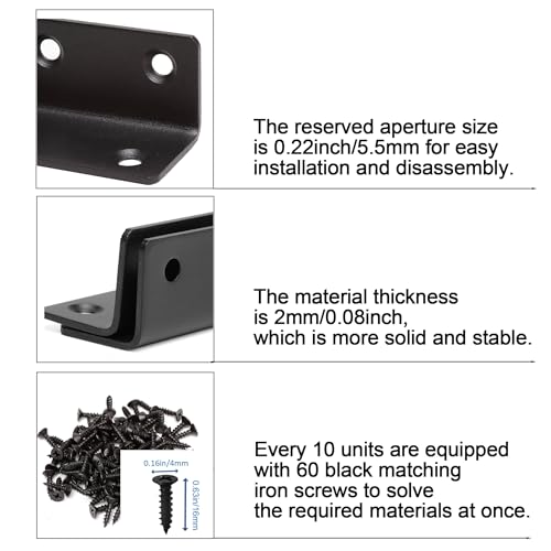 L Bracket, Heavy Duty Corner Brace, 10 Pack 8" Metal Shelf Bracket Angle Bracket for Shelves, Black Metal Braces for Wood, 200mm Overall Length - size: 8 Inch