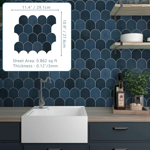 10-Sheet Fish Scale Peel and Stick Backsplash Tile, 11.4" x 10.9" Stone Composite Scallop Handmade Looks Self-Adhesive Wall Tiles for Kitchen Bathroom, Blue Mixed - color: Blue Mixed, size: Fish Scale