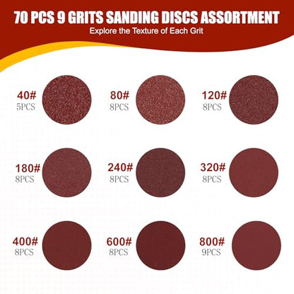 YNZDRWA 70 PCS 5 Inch 8-Hole Sanding Discs, 9 Mixed Grits
