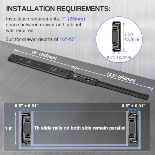 Soft Close Drawer Slides 16 Inch - Black, 1 Pair (2 Pieces) - color: Black, size: 16 Inch