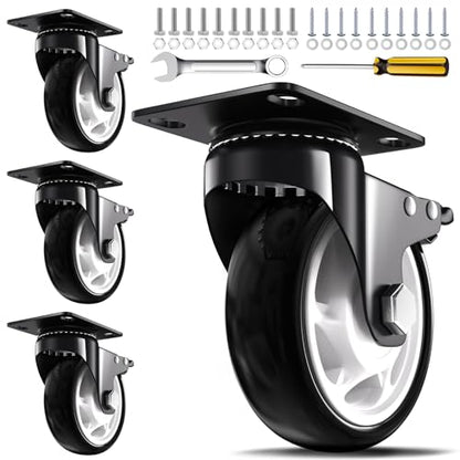 QNCZ 4" Caster Wheels with Brake, Black, Heavy Duty, Quiet, Set of 4 - color: black, size: 4 IN
