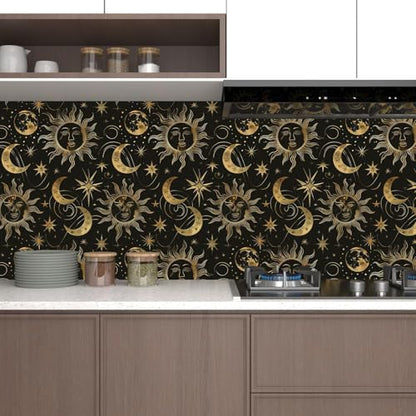 Laatse Celestial Sun Moon Wallpaper Peel and Stick 17.5"x 393",Black/Golden - color: Gold moon, size: 17.5" x 393.7"