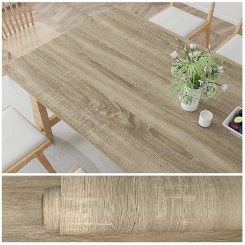 VEELIKE Greige Oak Wood Contact Paper for Countertops Waterproof Peel and Stick Rustic Wood Wallpaper 15.7''x118'' Self Adhesive Removable Vinyl Wrap Wood Grain Contact Paper for Cabinets Table Desk - size: 15.7" x 118"