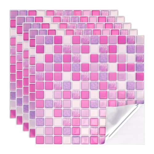 PH PandaHall 5pcs 3D Mosaic Tile Sticker, Peel and Stick Backsplash Tile Waterproof Self Adhesive Wall Tiles for Kitchen Backsplash Bathroom Sink Home Decor, Violet, 9.3x9.3inch Covering 3 Sq.ft - color: Violet