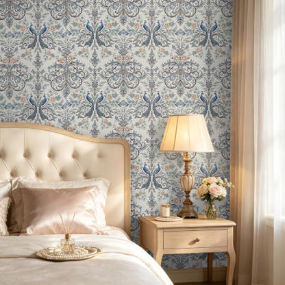 Blue Peacock Damask Peel and Stick Boho Wallpaper 17.5"x 118" - color: Blue, size: 17.5" x 118"