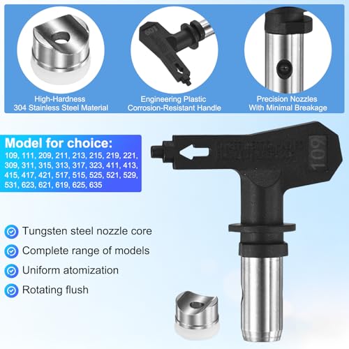 M METERXITY 1-Set Airless Paint Sprayer Tips, Tungsten Steel Reversible Spray Tips with 1 Pad for Homes/Buildings/Garden/Decks [Black, 109] - size: 109