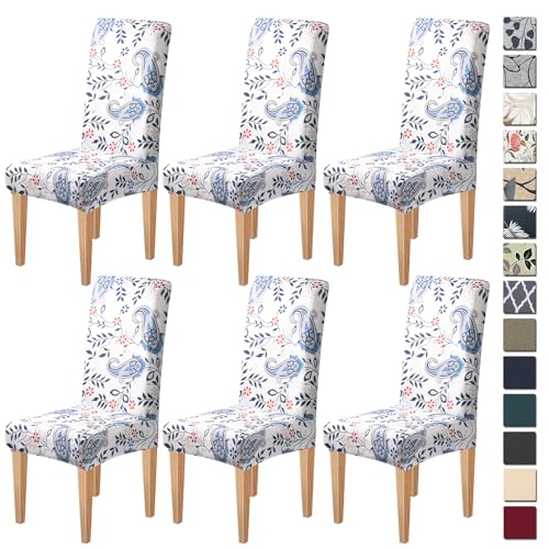 Dioxide High Stretch Chair Covers for Dining Chairs, Washable Dining Chair Covers Set of 6, Soft Kitchen Chairs Seat Covers, Parsons Chair Slipcovers Protectors for Home Hotel Restaurant Banquet - color: Blue Flowers, size: 6PCS