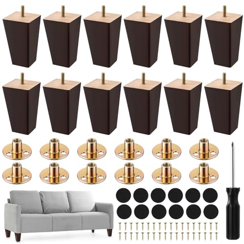 Kigley Set of 12 Wood Furniture Legs 4 Inch Sofa Leg Solid Square Couch Feet Mid-Century Bed Legs Replacement for Sofa Armchair Recliner Coffee Table Dresser (Burlywood)(Brown) - color: Brown