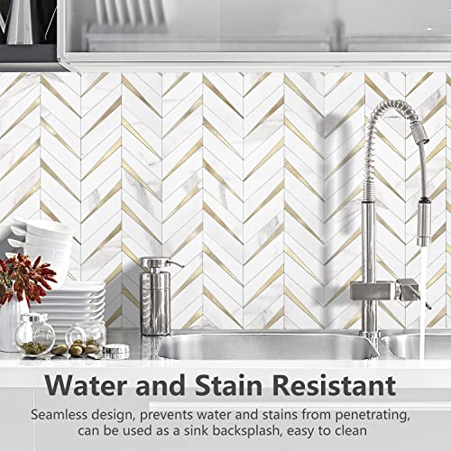 STICKGOO Herringbone Tile Peel and Stick Backsplash for Kitchen&Bathroom - color: White Marble Mixed Gold