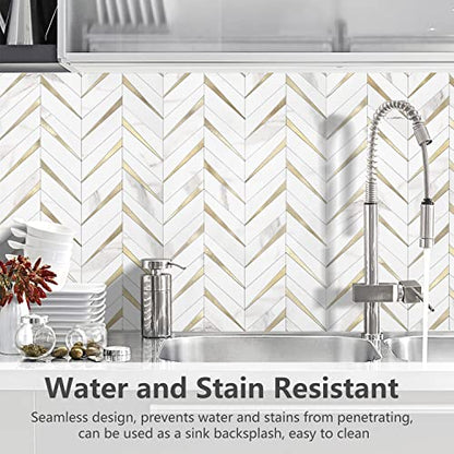 STICKGOO Herringbone Tile Peel and Stick Backsplash for Kitchen&Bathroom - color: White Marble Mixed Gold