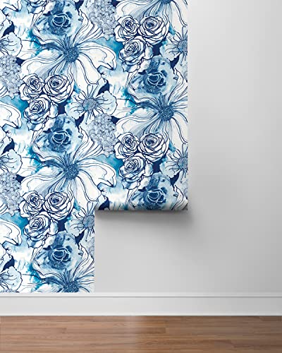 NextWall Harry & Grace Ink Rose Abstract Floral Peel and Stick Wallpaper (Celtic Blue) - color: Celtic Blue