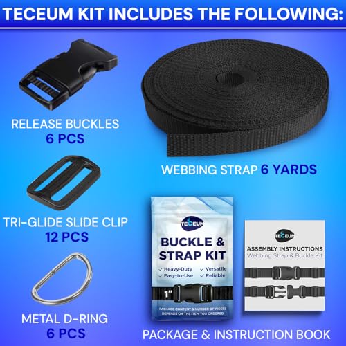 TECEUM 1" Nylon Strap Kit with Buckles, Black 6 yards Repair Set - color: Black, size: 1" - 6 yards, style: 6 Buckle - 12 Slides - 6 D-rind