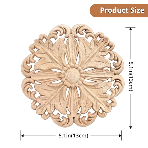 4Pcs Round Solid Wood Carved Appliques 5.1x5.1in Unpainted Furniture Onlays