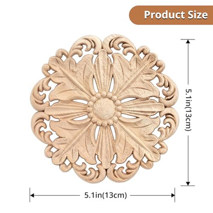 4Pcs Round Solid Wood Carved Appliques 5.1x5.1in Unpainted Furniture Onlays