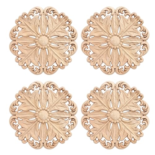 4Pcs Round Solid Wood Carved Appliques 5.1x5.1in Unpainted Furniture Onlays
