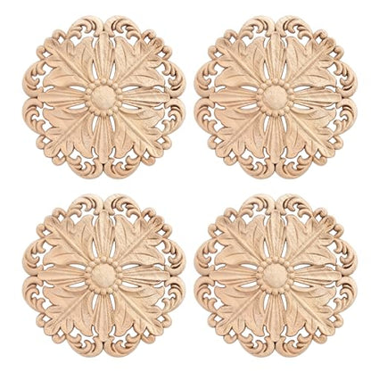 4Pcs Round Solid Wood Carved Appliques 5.1x5.1in Unpainted Furniture Onlays