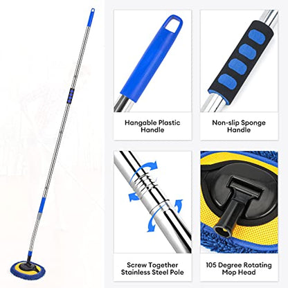 Wall Cleaner, Max 66'' Wall Mop with Long Handle, Ceiling Dust Mop with 15° Labor-Saving Elbow Extension Pole, Baseboard Duster Washer Scrubber, High Reach Window Cleaning Brush, Roof Cleaning Tool-BU - color: Blue