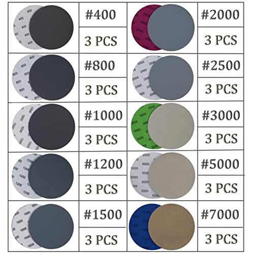 30PCS 5 inch No Hole #400-#7000 Wet Dry Sanding Discs 400 800 1000 1200 1500 2000 2500 3000 5000 7000 Grit Sandpaper Compatible for Random Orbital Sanders (#400-#7000 10Kind Grit Each 3PCS) - style: #400-#7000 10Kind Grit Each 3PCS