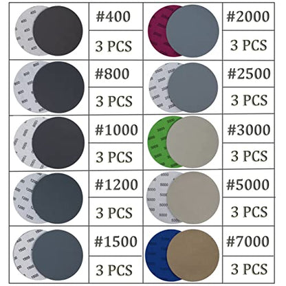 30PCS 5 inch No Hole #400-#7000 Wet Dry Sanding Discs 400 800 1000 1200 1500 2000 2500 3000 5000 7000 Grit Sandpaper Compatible for Random Orbital Sanders (#400-#7000 10Kind Grit Each 3PCS) - style: #400-#7000 10Kind Grit Each 3PCS