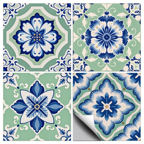 36 Pcs 4 Style Retro Pastoral Pattern Tile Stickers, 4x4inch - color: Blue-green Pattern