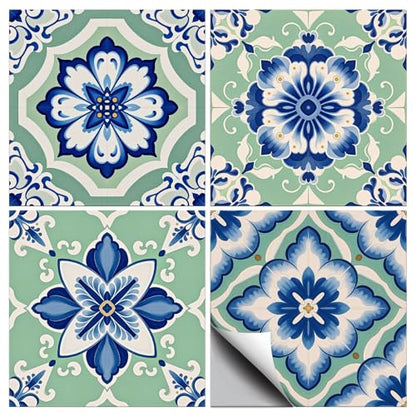 36 Pcs 4 Style Retro Pastoral Pattern Tile Stickers, 4x4inch - color: Blue-green Pattern