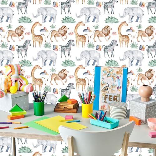 HLNIUC Jungle Animal Wallpaper 17”X118” Safari Elephant Lion Peel and StickContact Paper Watercolor Woodland Wall Papers Sketched Animal Wall Decal Wildlife Adhesive Wallpaper for Kid Bedroom Nursery - color: Jungle Animal