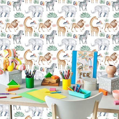 HLNIUC Jungle Animal Wallpaper 17”X118” Safari Elephant Lion Peel and StickContact Paper Watercolor Woodland Wall Papers Sketched Animal Wall Decal Wildlife Adhesive Wallpaper for Kid Bedroom Nursery - color: Jungle Animal