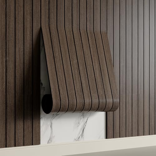Yutianli PVC Slat Wall Panel Peel and Stick 118"x 15.7" Faux Wood Slat Panel Artificial Smoked Wood Grain Self-Adhesive Soundproof 3D Wall Panel for Walls and Ceilings - color: Smoked, size: 118"x15.7"