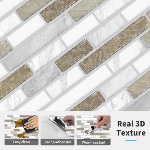 URCOLOR 10-Sheet Peel and Stick Backsplash Tile for Kitchen, 12”×12” Stick on Wall Tile for Bathroom, Beige & White - color: Beige & White