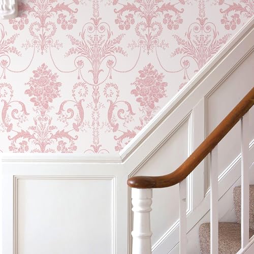 Damask Floral Peel and Stick Wallpaper Boho Pink and White Contact Paper - color: Pink, size: 17.3" x 197"