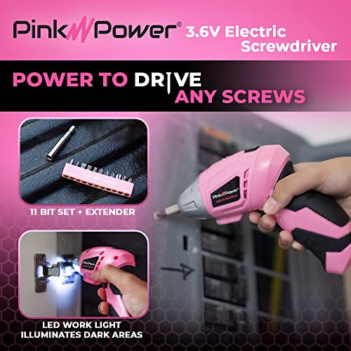Pink Power Cordless Screwdriver Set 3.6V Electric Rechargeable Gun Kit LED