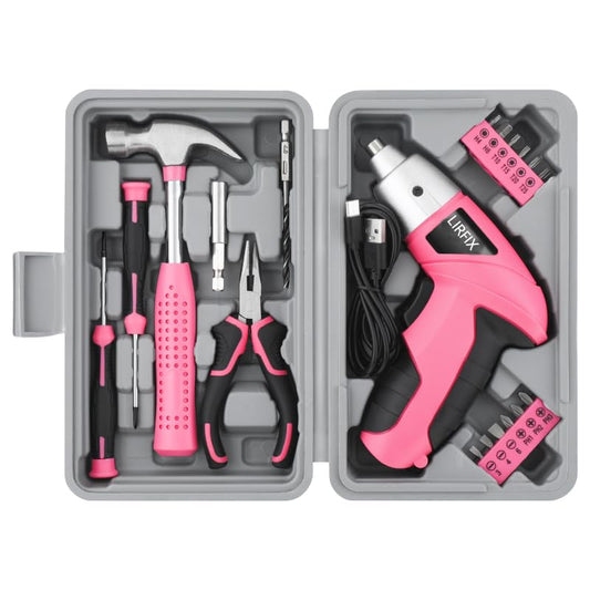 Pink 20-Piece 3.6V USB Rechargeable Cordless Screwdriver Set - Compact Toolbox with Claw Hammer, Needle-Nose Pliers & Screwdriver Bits, Low-Power Electric Tool Kit for Women, Ideal Gift