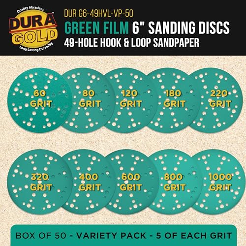 Dura-Gold 6" Green Film Sanding Discs, 10 Grit Assortment, 49-Hole Bx of 50 - style: Variety Pack
