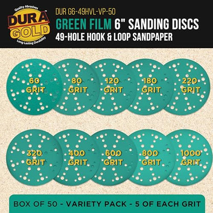 Dura-Gold 6" Green Film Sanding Discs, 10 Grit Assortment, 49-Hole Bx of 50 - style: Variety Pack
